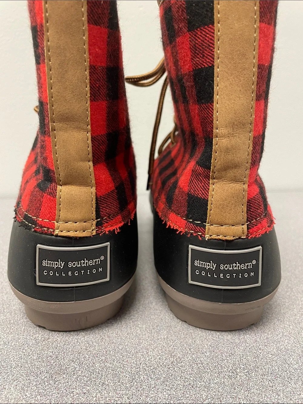 Simply Southern Red and Black Buffalo Plaid Duck Boots with Brown Trim